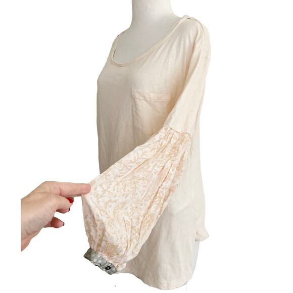Free People Jade Long Sleeve Tee Top Cream 100% Cotton Floral Balloon Sleeve XS - Picture 4 of 7